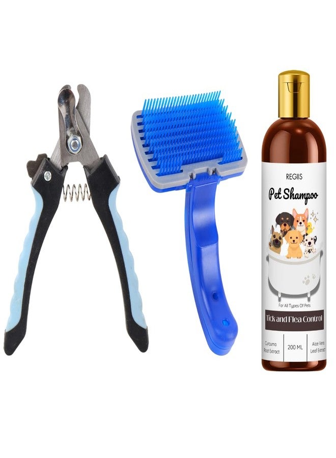 REGIIS Pet Grooming Kit, Dog Nail Clippers, Self-Cleaning Slicker Brush, Tick and Flea Control Shampoo, 200 ML, with Curcuma and Aloe Vera Extract(3 PACK) - Image 1